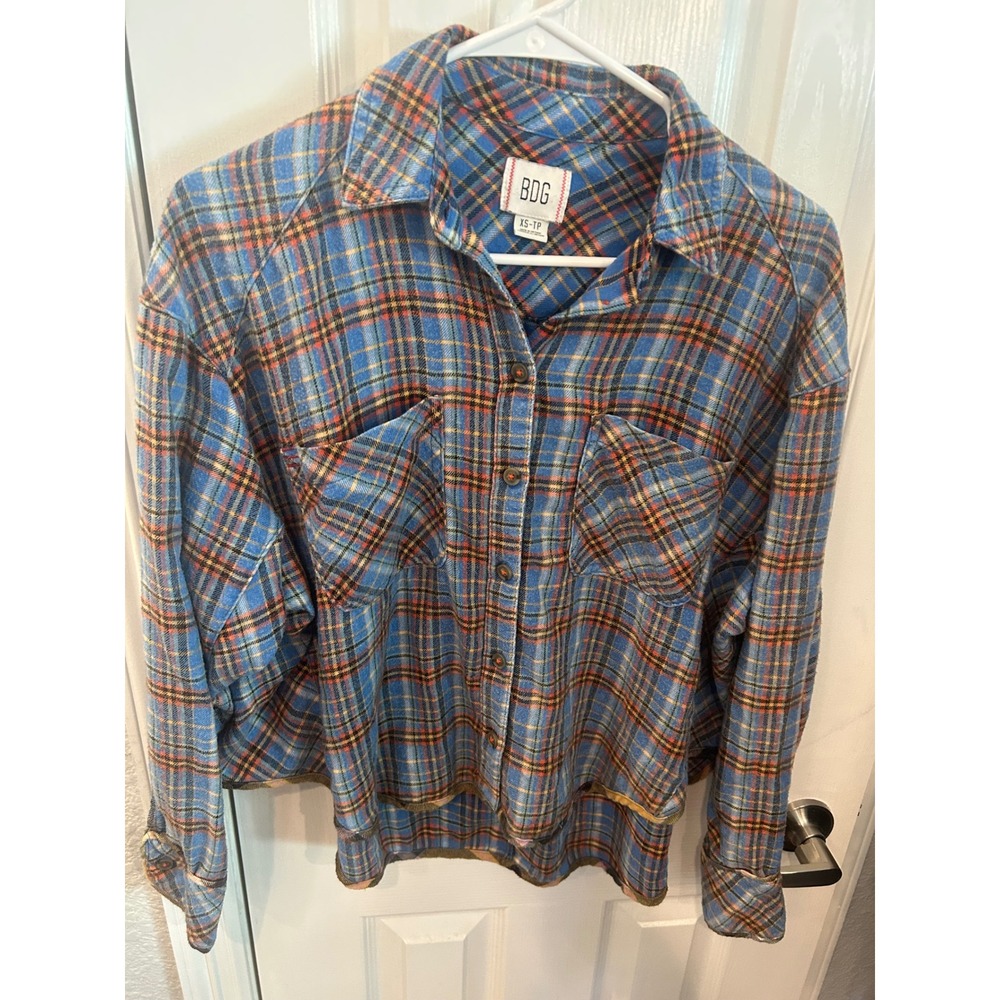BDG Flannel Shirt Blue Plaid Cropped Raw Hem Long Sleeve Button Down XS